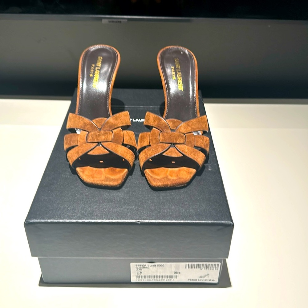 BRAND NEW never worn brown suede Saint Laurent Tribute 85mm sandals, size 6 1/2!